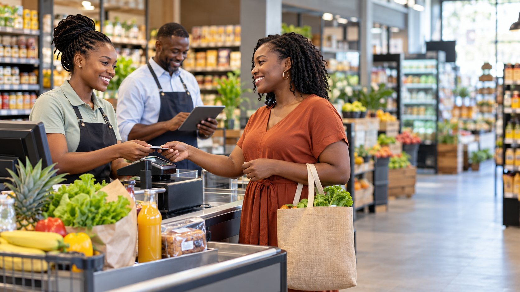 Retail cashier and customer enjoying a smooth checkout experience